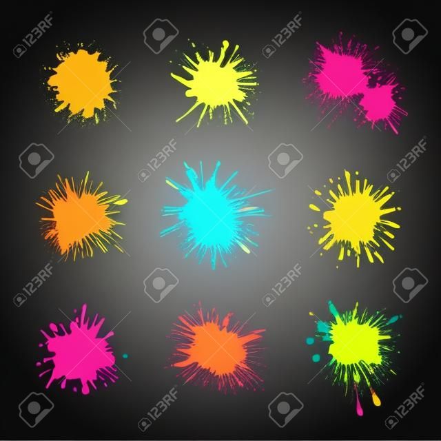 Vector Neon Paint Splashes Isolated on Black Background, Creative Design Elements Set, Gradient Colors.
