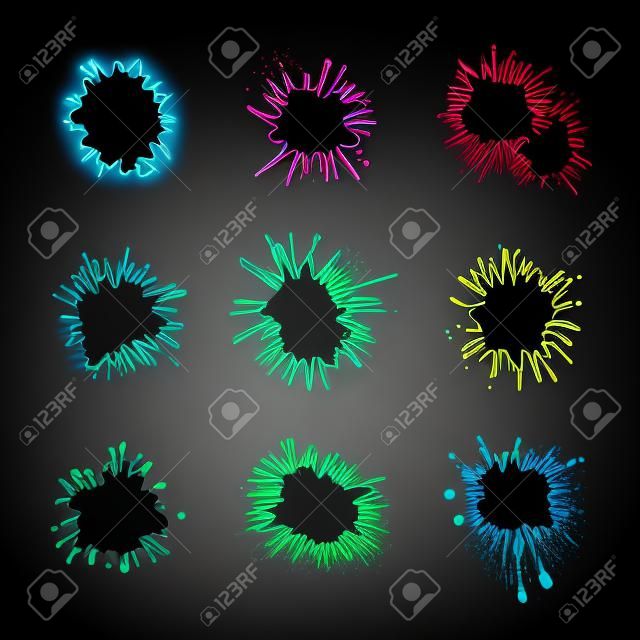 Vector Neon Paint Splashes Isolated on Black Background, Creative Design Elements Set, Gradient Colors.