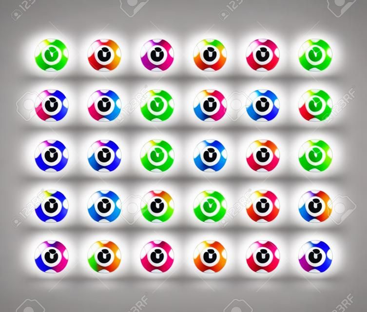 Conjunto de vetores de bolas de loteria coloridas isoladas no fundo branco, diferentes números e cores, coleção de ícones, conceito de jogo de azar.