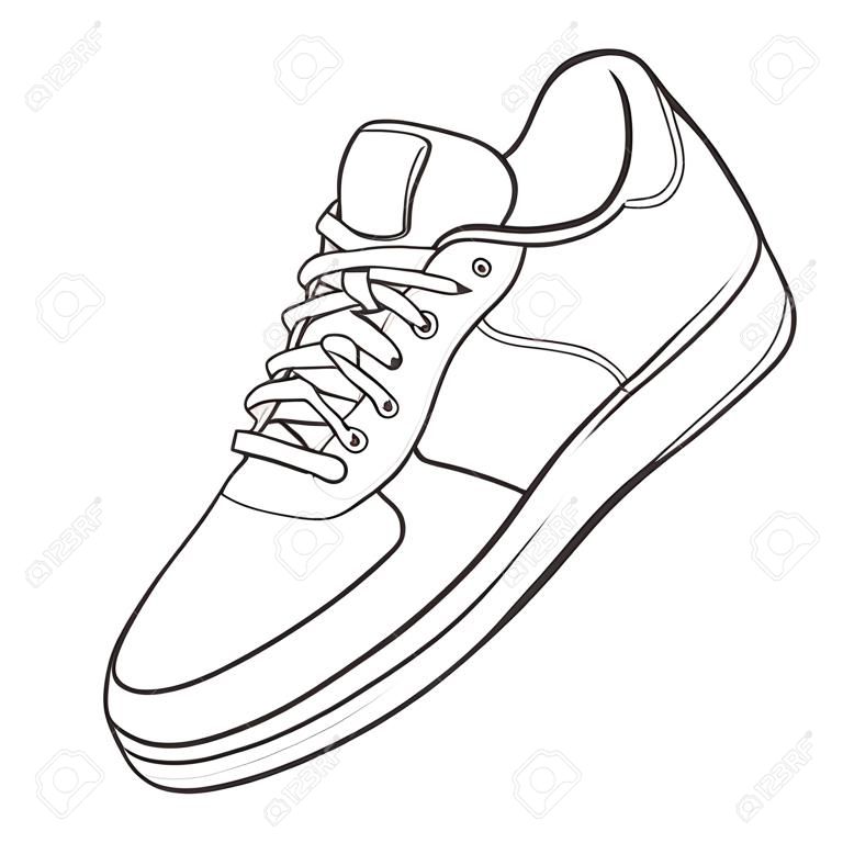 Shoe sneaker outline drawing vector, Sneakers drawn in a sketch style, black line sneaker trainers template outline, vector Illustration.