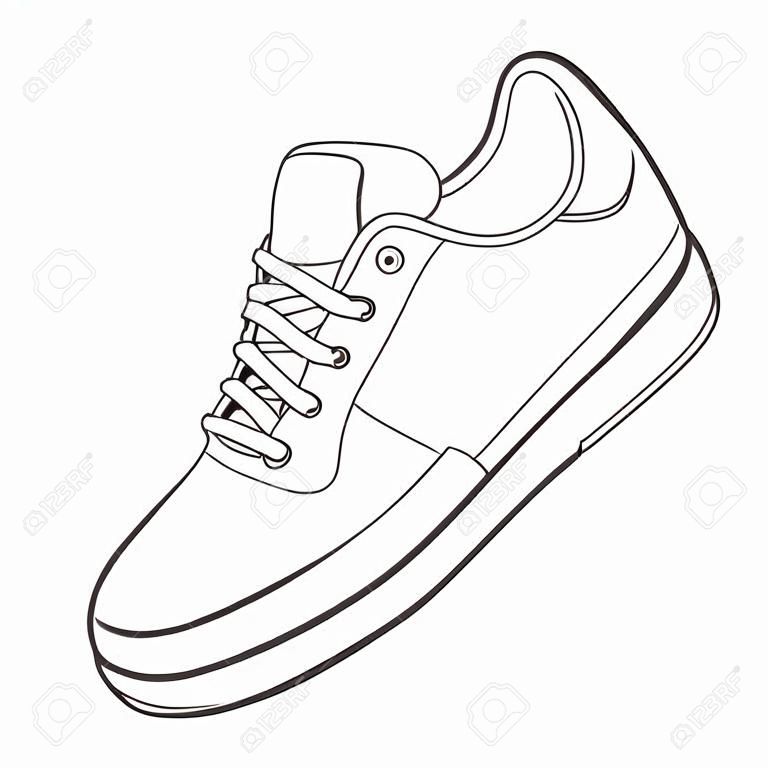 Scarpa sneaker contorno disegno vettoriale, Sneakers disegnate in uno stile di abbozzo, linea nera sneaker formatori modello contorno, illustrazione vettoriale.