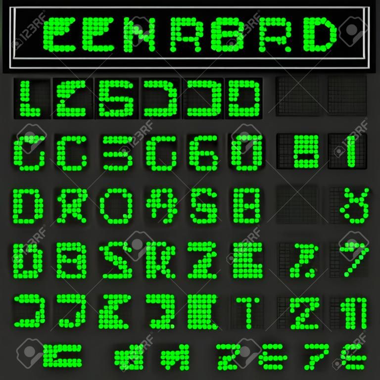 녹색 LED 디지털 영어 대문자 글꼴, 숫자 및 수학 기호 검정색 배경에 표시