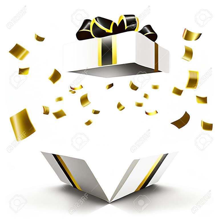 Offene Geschenkbox mit goldenem Konfetti isoliert auf weißem Hintergrund