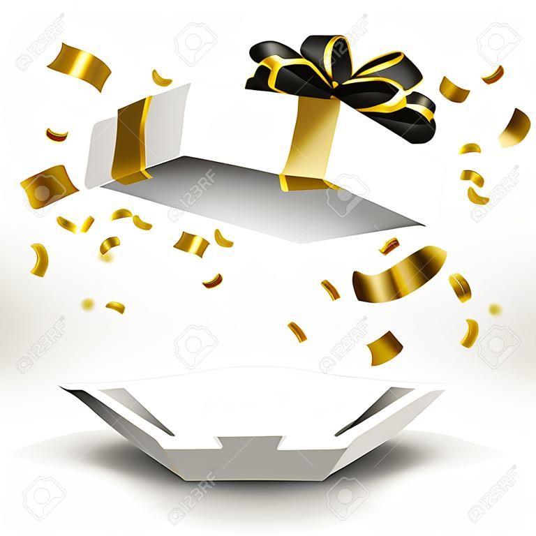 Offene Geschenkbox mit goldenem Konfetti isoliert auf weißem Hintergrund