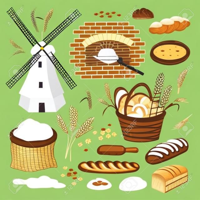 Vector mão desenhada coleção de ilustração de padaria. Moinho de vento, forno, pão, cesta, farinha, trigo.