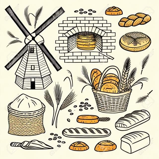 矢量手工繪製麵包店畫集。風車，烤箱，麵包，籃子，麵粉，小麥。