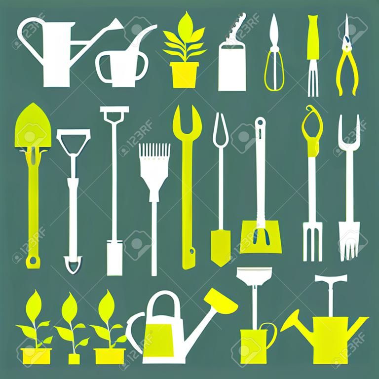 Vector grande collection d'outils de jardinage. Rack, fourche, tuyau, brouette, arrosoir, cutter, fourche, pelouse, sécateur, sécateur, pelle, bêche et plus.