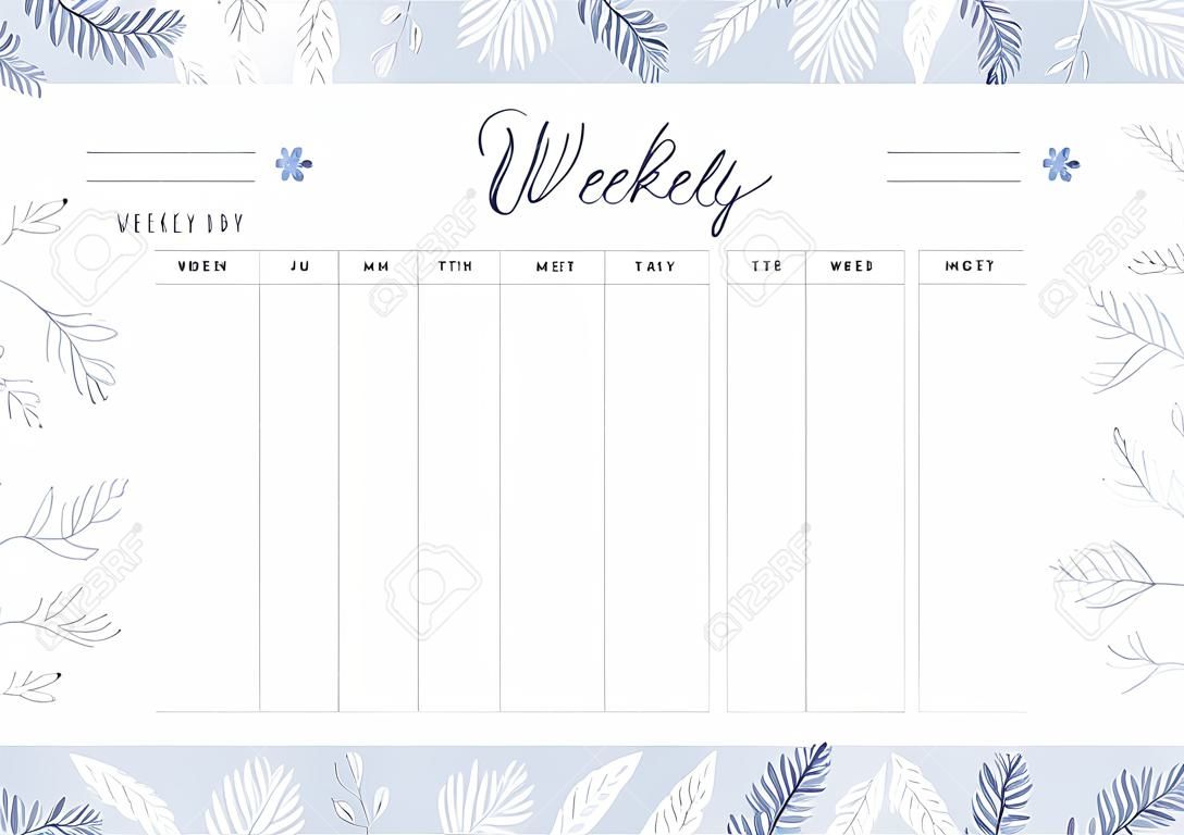Cute vector weekly planner template. Elegant floral pastel tone organizer and notepad. Week calendar schedule.