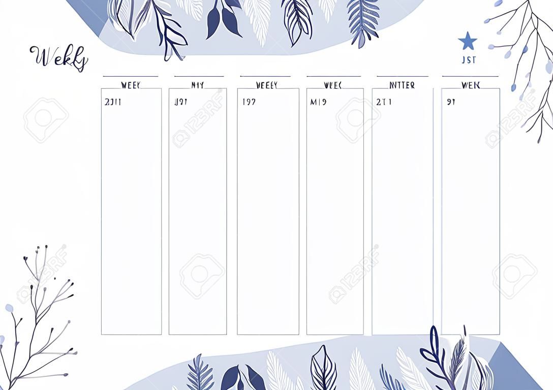 Cute vector weekly planner template. Elegant floral pastel tone organizer and notepad. Week calendar schedule.