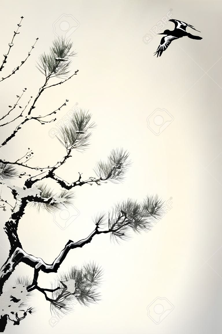 Árvore de pinho e pássaros em estilo de tinta
