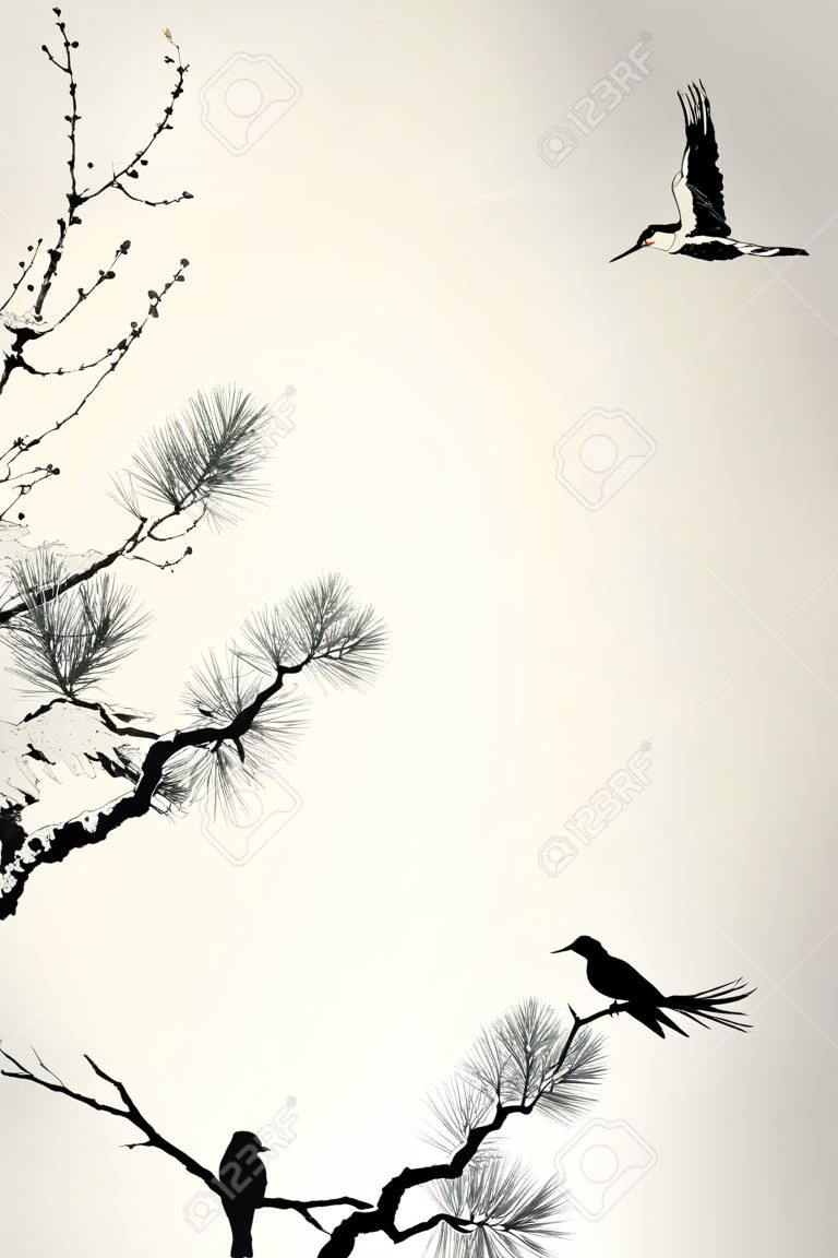 Estilo de tinta del árbol de pino y las aves
