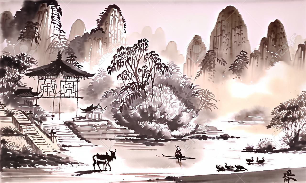 Chinees landschap aquarelschilderij