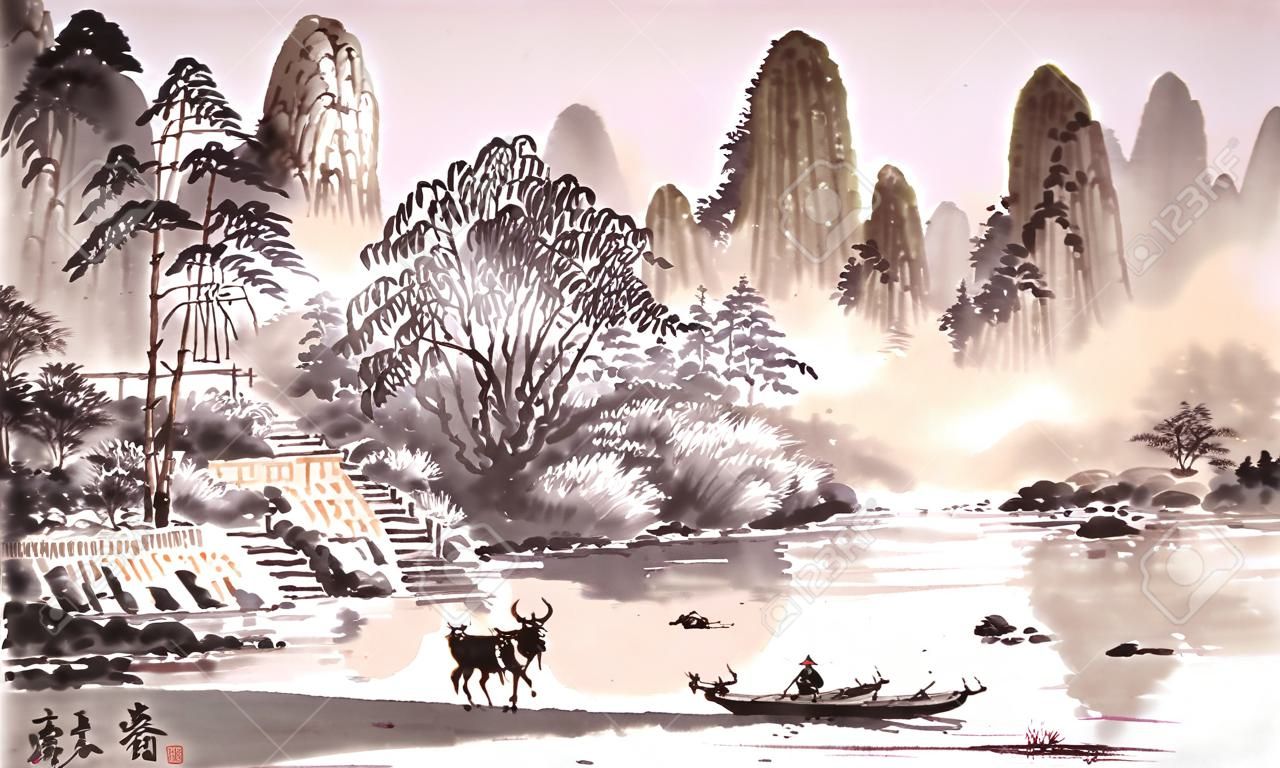 Chinees landschap aquarelschilderij