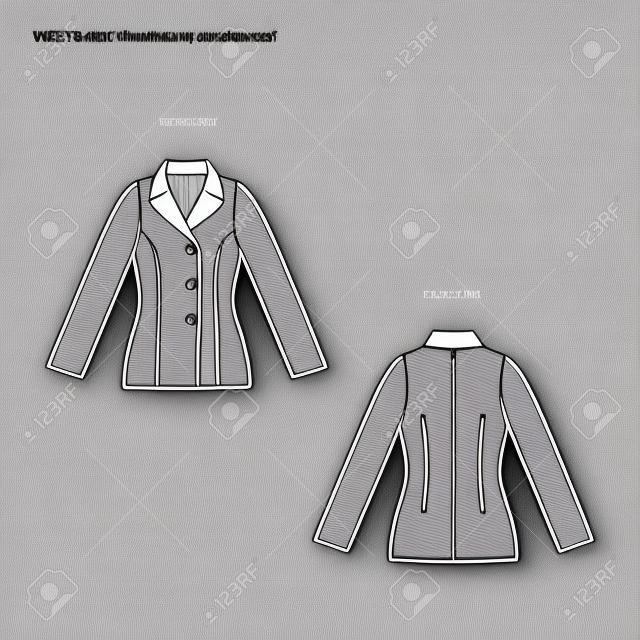 Fashion technical drawing of the women's jacket. Vector technical drawing for fashion. Vector fashion flat sketch of the jacket. The spec manual for fashion.