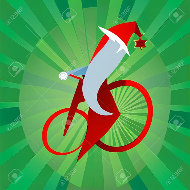 Stylish sports Santa Claus rides a bicycle with a bell. Christmas 3D Sign. Abstract. Vector Illustration. Blue Santa Clause with long White Beard Isolated on Abstract Green Background. Great Icon for Greeting Cards.