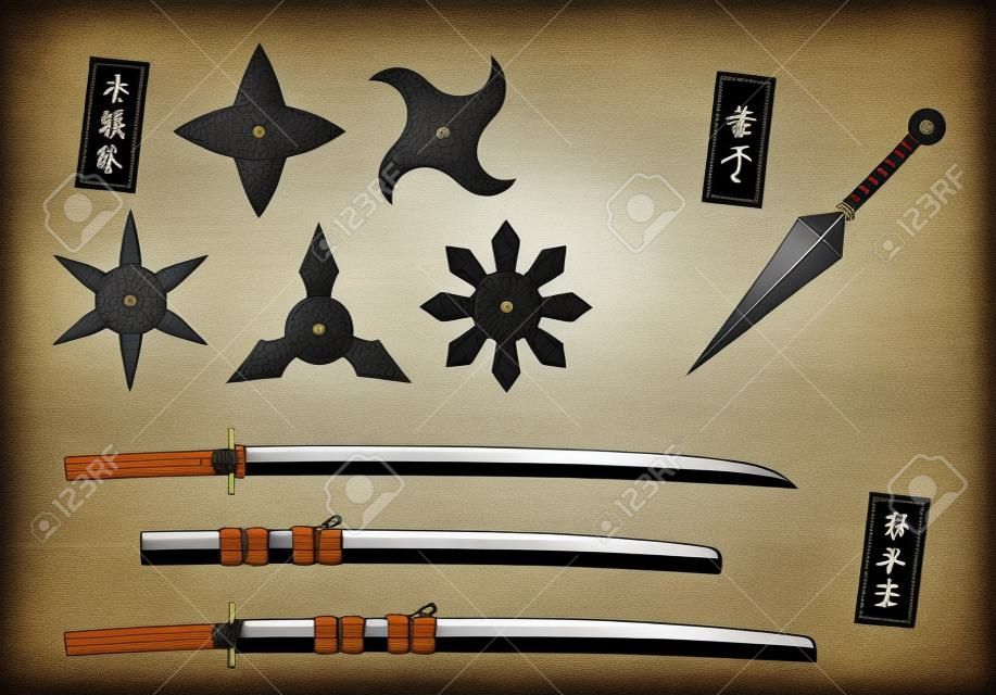 일본 닌자와 사무라이 무기 삽화 세트. 수리검, 쿠나이, 일본도(카타나).