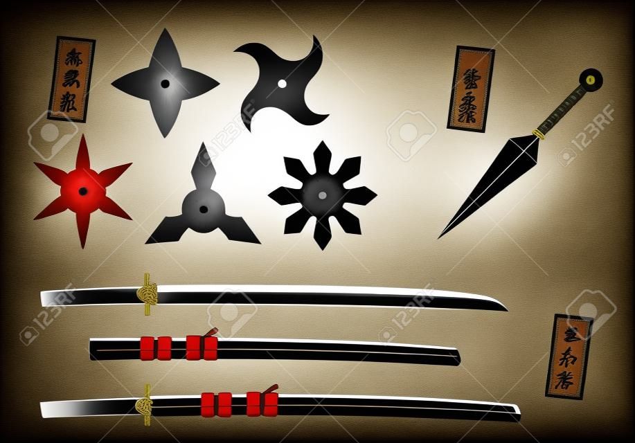 일본 닌자와 사무라이 무기 삽화 세트. 수리검, 쿠나이, 일본도(카타나).