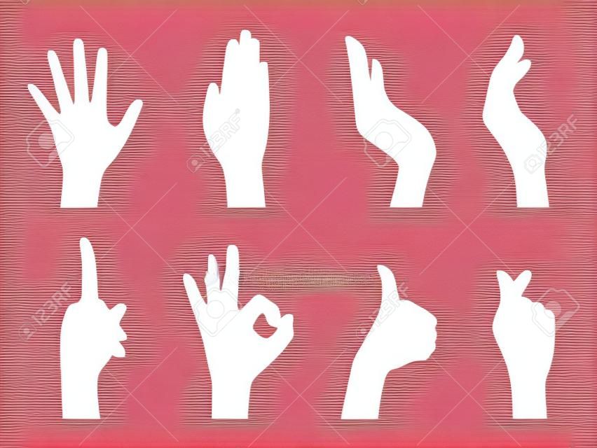 Ensemble d'illustrations vectorielles de geste de la main féminine (signe de la main) / signe ok, pouce vers le haut, coeur du doigt, etc.
