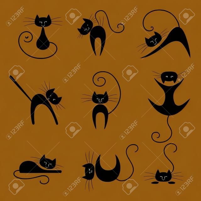 Czarny kot sylweta kolekcji. Koty w różnych pozach