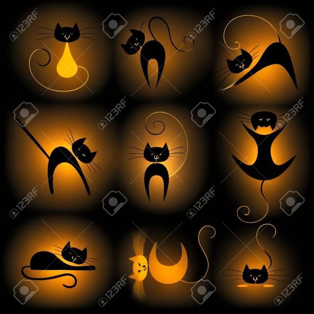 Negro Gato silueta colección. Los gatos en diferentes poses