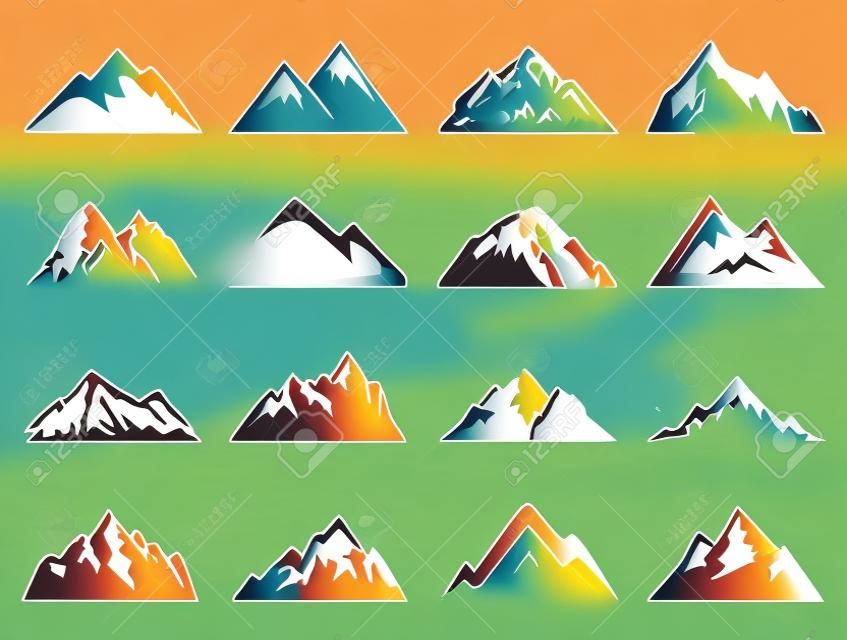 16 山ベクトルシェイプのロゴのセットします。ラベル、登山またはハイキング バッジ山ロゴをキャンプ旅行します。