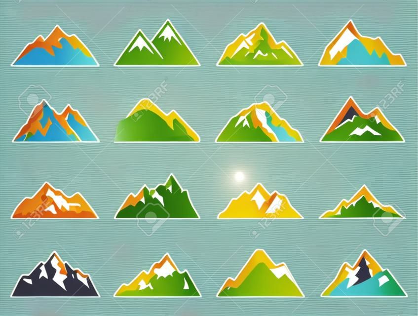 Conjunto de formas de montaña dieciséis vectoriales para logotipos. Campo logo de montaña, las etiquetas de viaje, la escalada o el senderismo insignias