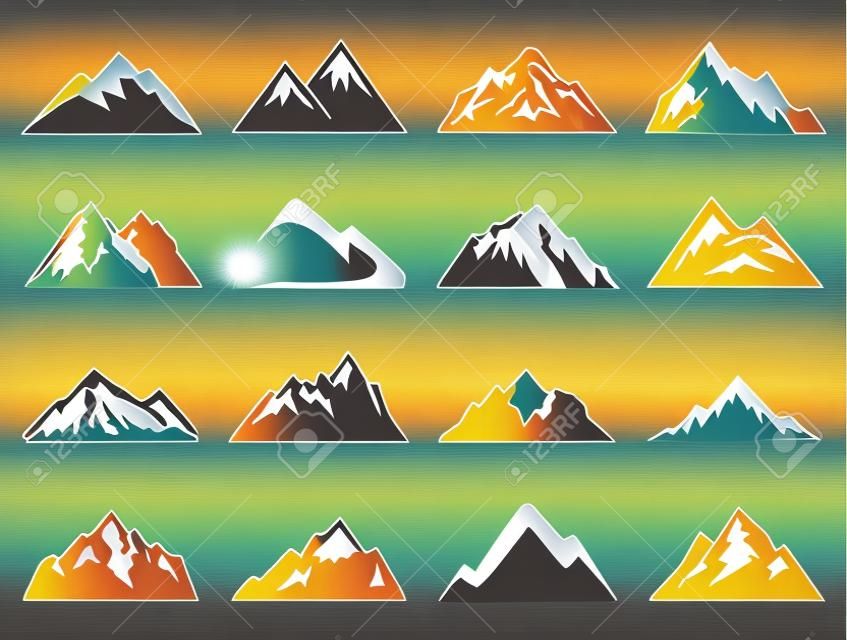 Set di forme di montagna sedici vettoriali per i loghi. Camping logo montagna, etichette di viaggio, escursioni o scalate badge