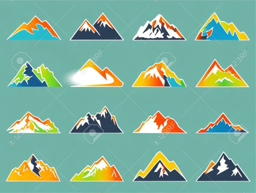 Zestaw szesnastu kształtów wektorowych górskich do loga. Camping Mountain logo, etykiety podróży, wspinaczki i wędrówek odznaczenia