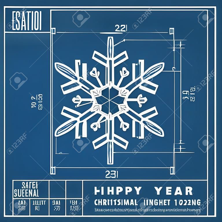 Snowflake as technical blueprint drawing. Christmas technical concept. Mechanical engineering drawings. Christmas and new year banner, cover, poster, flyer or greeting vector card