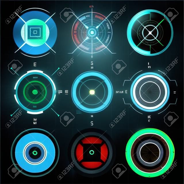 Futuristic optical aim, HUD compass, collimator sight, targets focus, military aim system, pointers, targets infographic elements. Sci Fi user interface. Elements of HUD game navigation