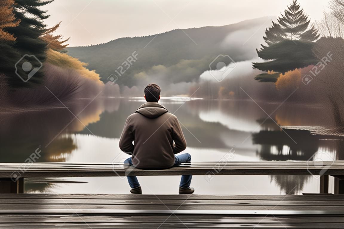 Uomo in giacca seduto sul piccolo ponte con vista sul bellissimo lago vista posteriore illustrazione generativa ai