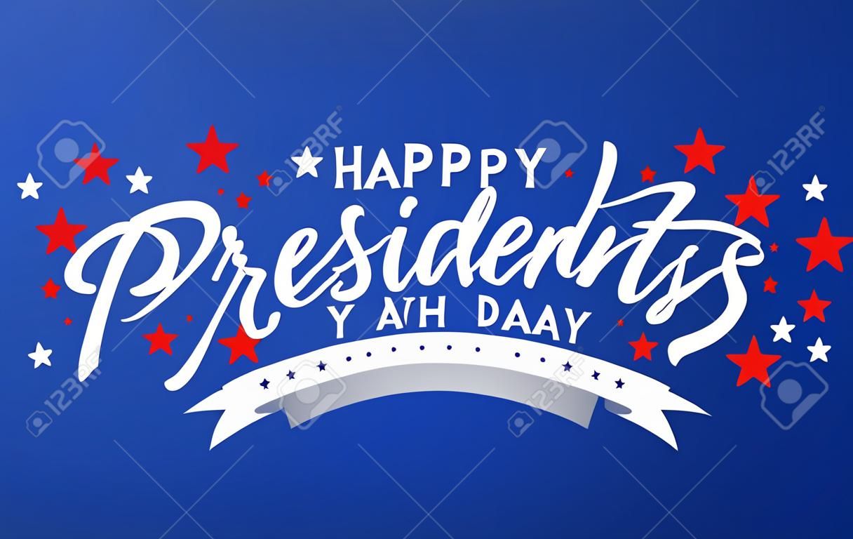 Feliz Dia dos Presidentes com estrelas e fita branca no fundo azul. Ilustração vetorial Lettering de texto desenhado à mão para o dia dos presidentes nos EUA. Design para cartão de cumprimentos de impressão, banner de venda, cartaz.
