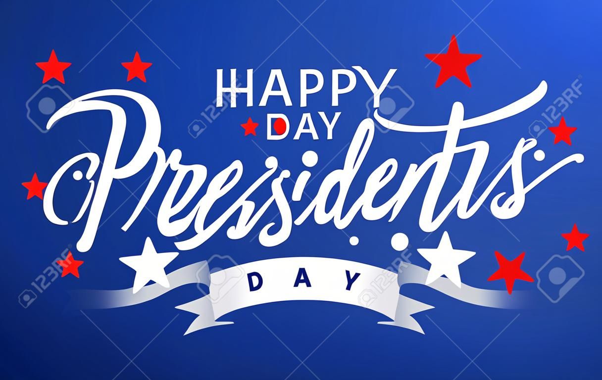 Happy Presidents Day con stelle e nastro bianco su sfondo blu. Illustrazione vettoriale Iscrizione di testo disegnato a mano per il giorno dei presidenti negli Stati Uniti. Design per la stampa di biglietti di auguri, banner di vendita, poster.