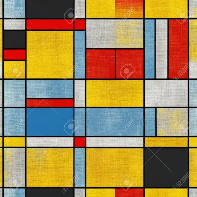Modello senza cuciture di Mondrian. Stile geometrico astratto Bauhaus. Illustrazione vettoriale di Bauhaus colorato. Emulazione Mosaico Piet Mondrian.