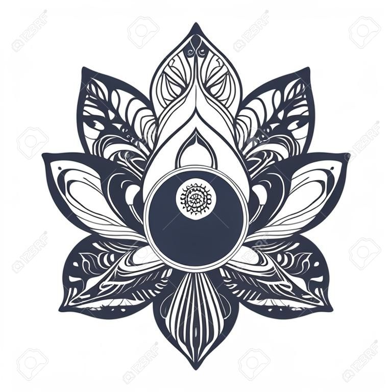 Yin et Yang Vintage dans Mandala Lotus. symbole Tao pour l'impression, tatouage, livre de coloriage, tissu, t-shirt, le yoga, le henné, le tissu dans un style boho. Mehndi, occulte et tribal, ésotérique et signe l'alchimie. Vecteur