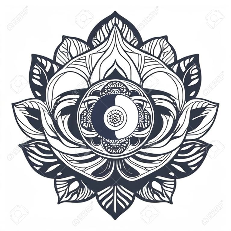 Yin et Yang Vintage dans Mandala Lotus. symbole Tao pour l'impression, tatouage, livre de coloriage, tissu, t-shirt, le yoga, le henné, le tissu dans un style boho. Mehndi, occulte et tribal, ésotérique et signe l'alchimie. Vecteur
