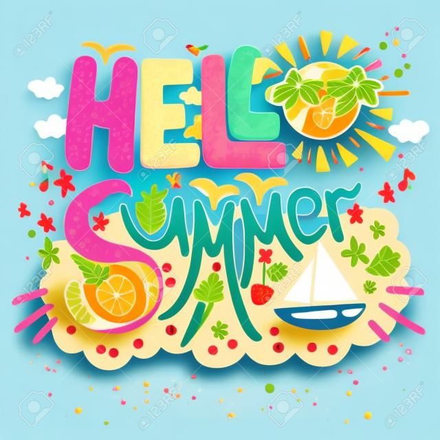 Bonjour concept d'été avec fruits, crème glacée, flamants roses, yacht et soleil. Vecteur