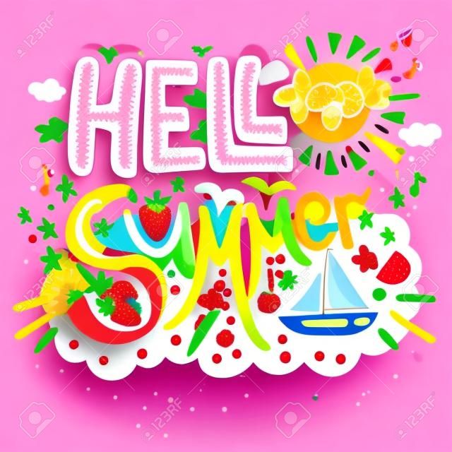 Bonjour concept d'été avec fruits, crème glacée, flamants roses, yacht et soleil. Vecteur