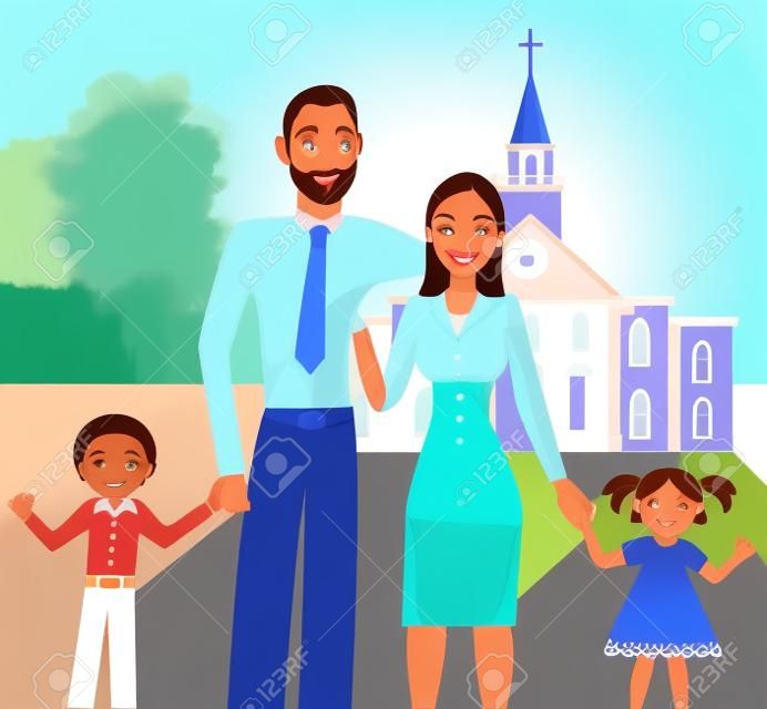 Uma bela família de 4 pessoas juntas depois de frequentar a igreja.