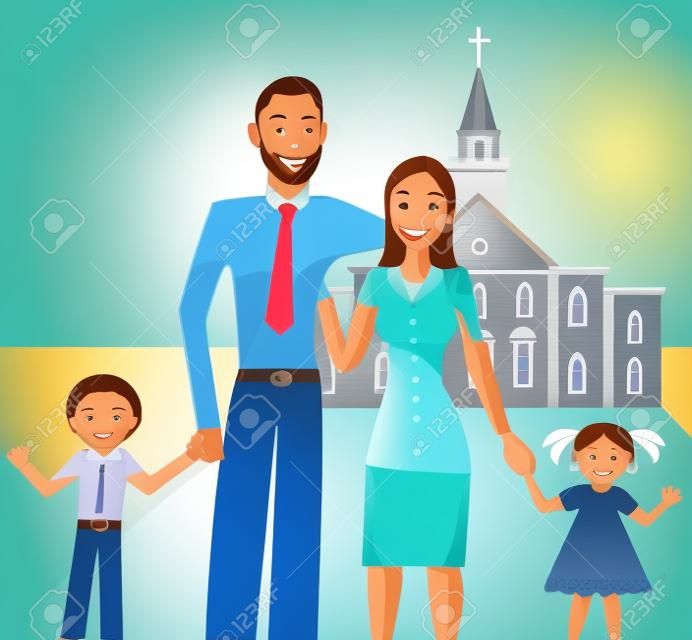 Eine schöne 4-köpfige Familie gemeinsam nach dem Besuch der Kirche.