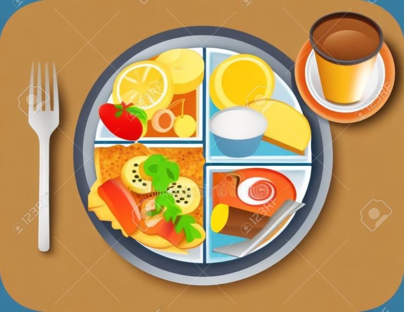 Векторная иллюстрация продуктов для завтрака для новой моей тарелки, заменяющей пищевую пирамиду.