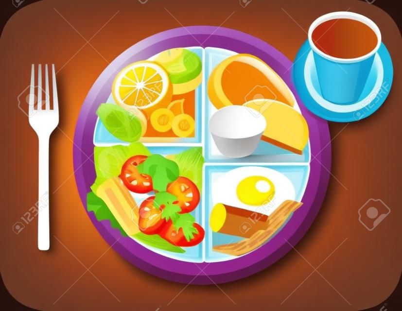 Ilustración vectorial de desayuno los temas para el nuevo mi plato reemplazando la pirámide de alimentos.