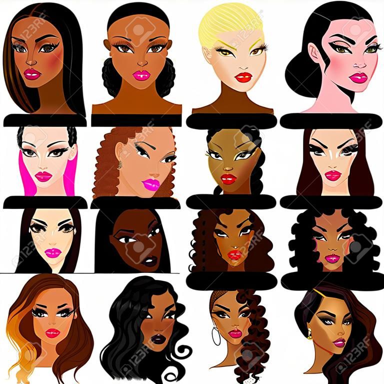 Illustratie van gemengde biraciale vrouwen gezichten. Geweldig voor avatars, make-up, huid tinten of haar stijlen van gemengde vrouwen.