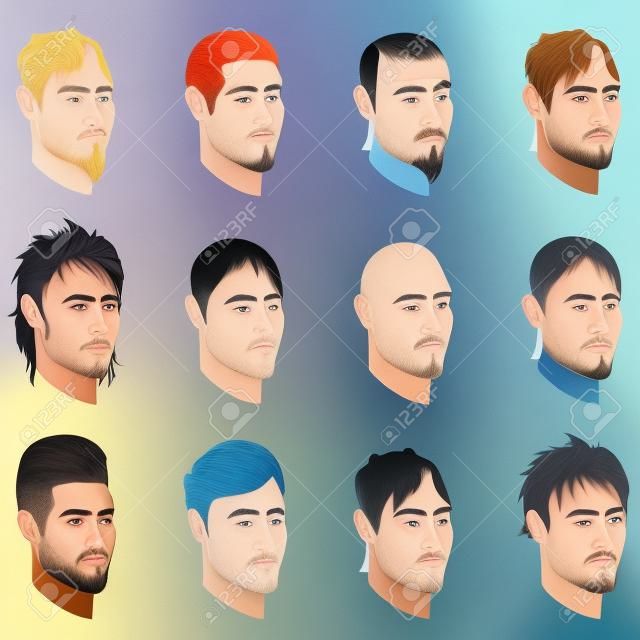 Ilustración de la vista de perfil 12 hombres diferentes lados.