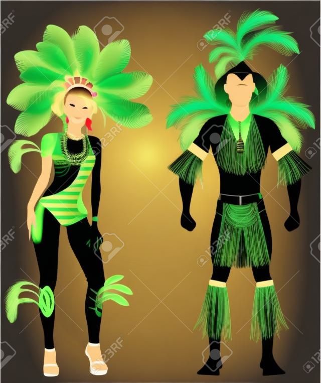 Illustrazione vettoriale Coppia di Carnevale costume verde Sagome con un uomo e una donna.