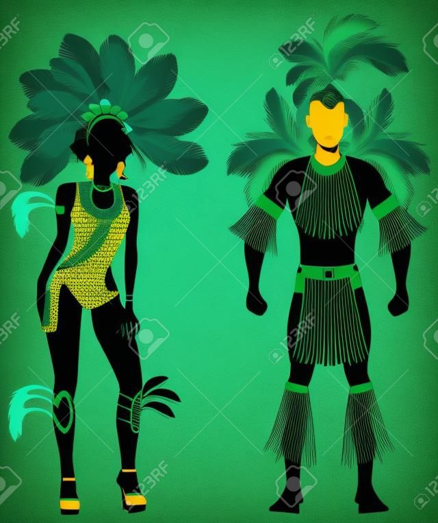 男と女とカーニバル グリーン コスチューム シルエットのベクトル イラスト カップル。