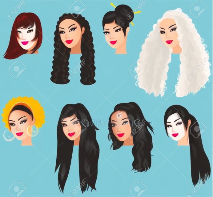Illustrazioni vettoriali di asiatici, e ispanica volti di donne. Grande per gli avatar, trucco, tonalità della pelle o stili di capelli delle donne dai capelli scuri.