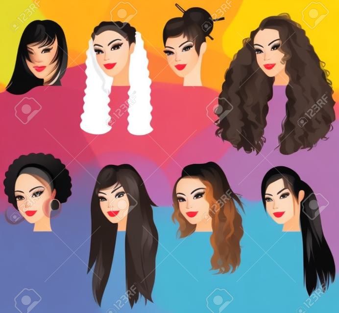 Illustrazioni vettoriali di asiatici, e ispanica volti di donne. Grande per gli avatar, trucco, tonalità della pelle o stili di capelli delle donne dai capelli scuri.