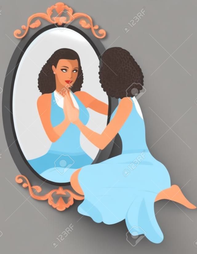 Illustrazione vettoriale di una donna vederla riflessione con fiducia.