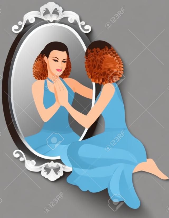 Ilustración vectorial de una mujer viendo su reflejo con confianza.